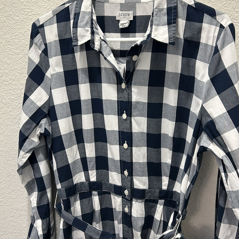 J. Crew Navy and White Buffalo Check Long Sleeve Shirt Dress with Waist Tie - Picture 3 of 8